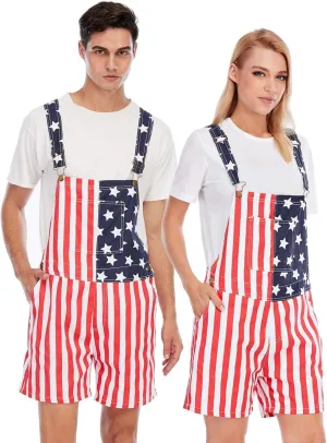Mens & Womens One Piece Jumpsuit Unisex Patriotic American Flag Print Denim Bib Overall Shorts Jeans