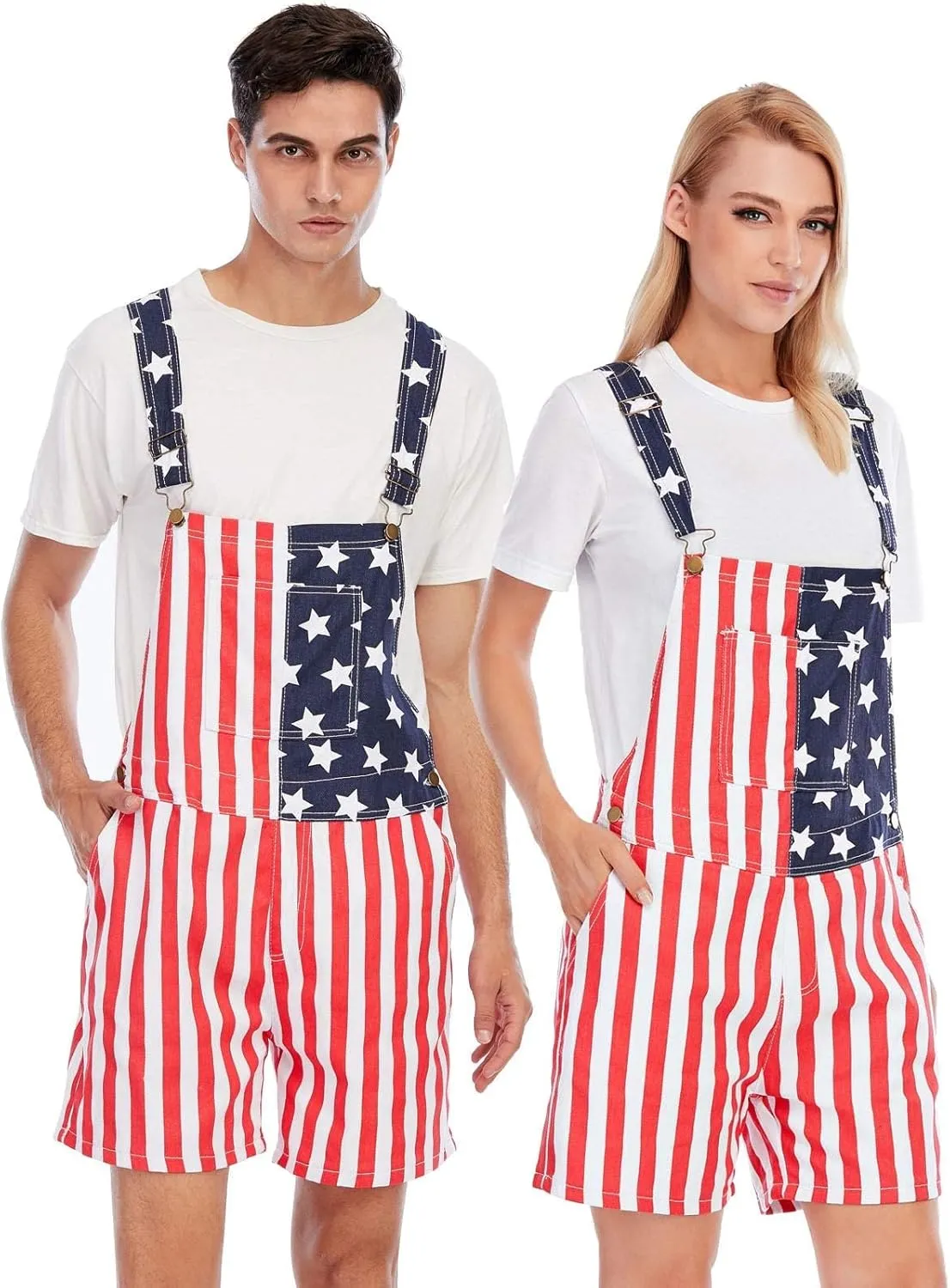 Mens & Womens One Piece Jumpsuit Unisex Patriotic American Flag Print Denim Bib Overall Shorts Jeans