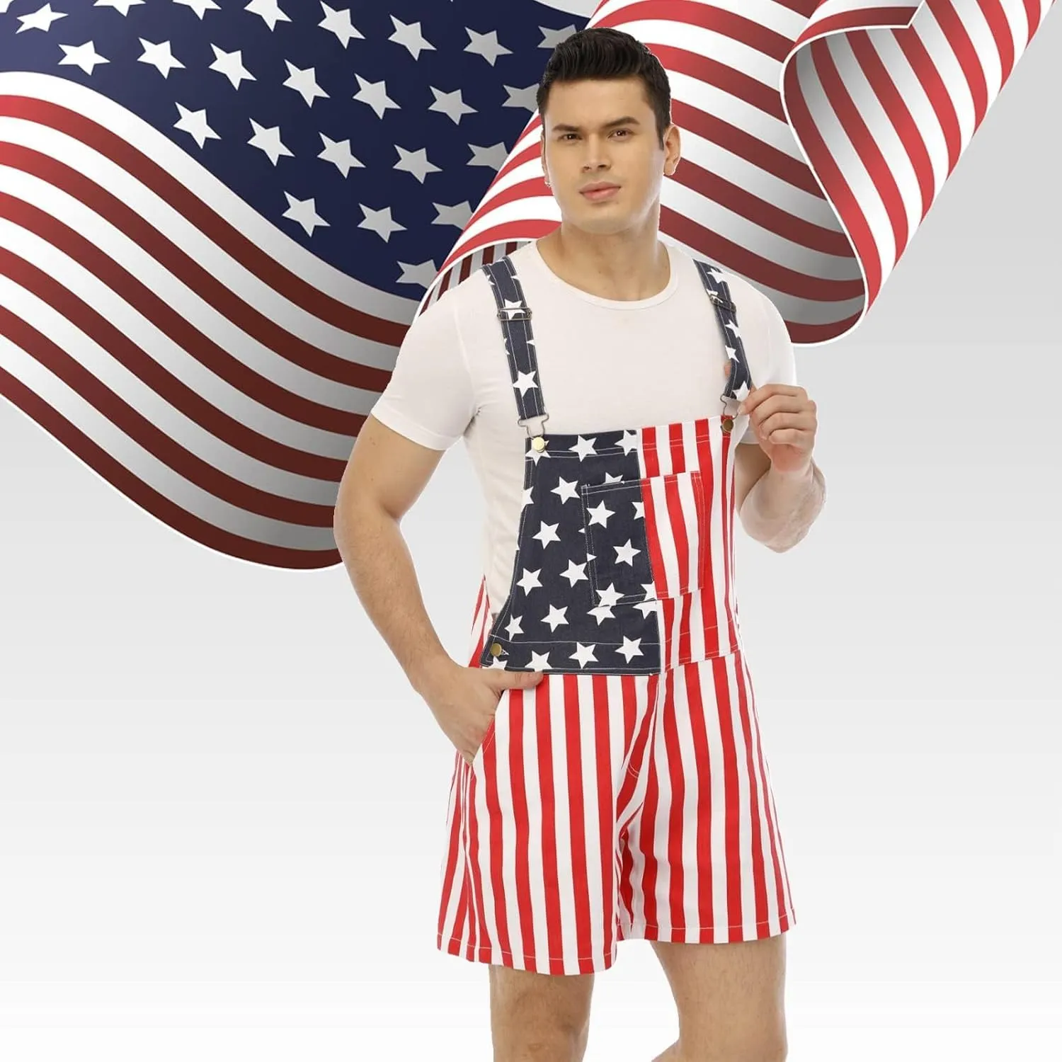Mens & Womens One Piece Jumpsuit Unisex Patriotic American Flag Print Denim Bib Overall Shorts Jeans