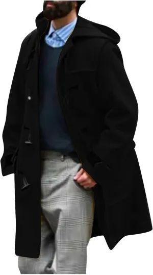 Mens Big and Tall Pea Coat Horn Button Wool Coat with Hood Mid Length Trench Coat Slim Fit Winter Jacket Coat