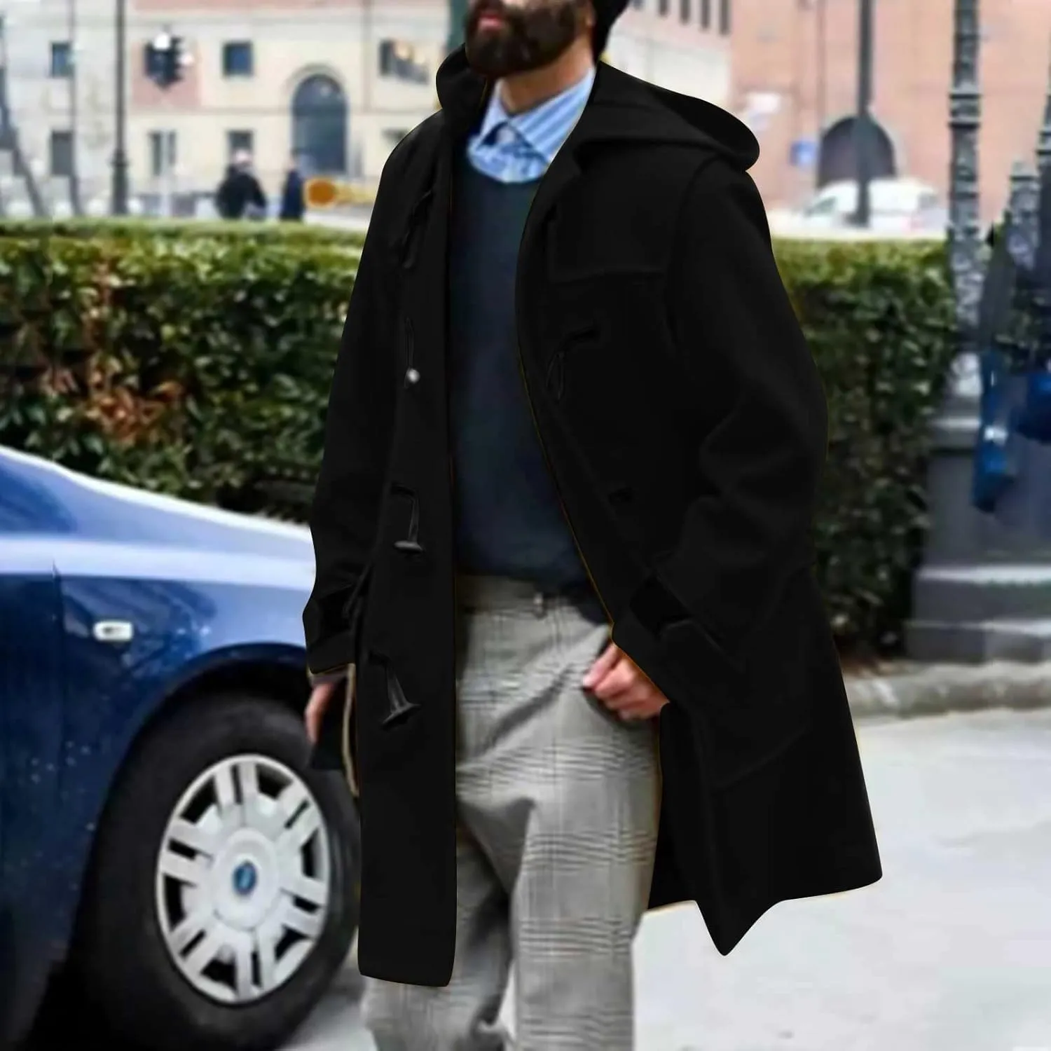 Mens Big and Tall Pea Coat Horn Button Wool Coat with Hood Mid Length Trench Coat Slim Fit Winter Jacket Coat