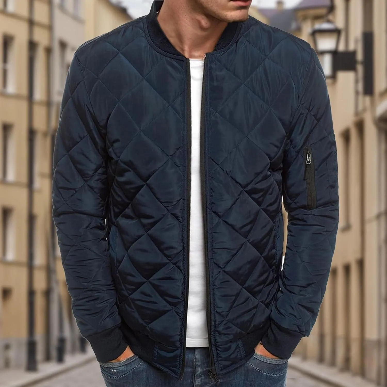 Mens Bomber Jackets Diamond Quilted Fall Winter Rib Varsity Lightweight Jacket Warm Padded Coats Outwear with Pockets