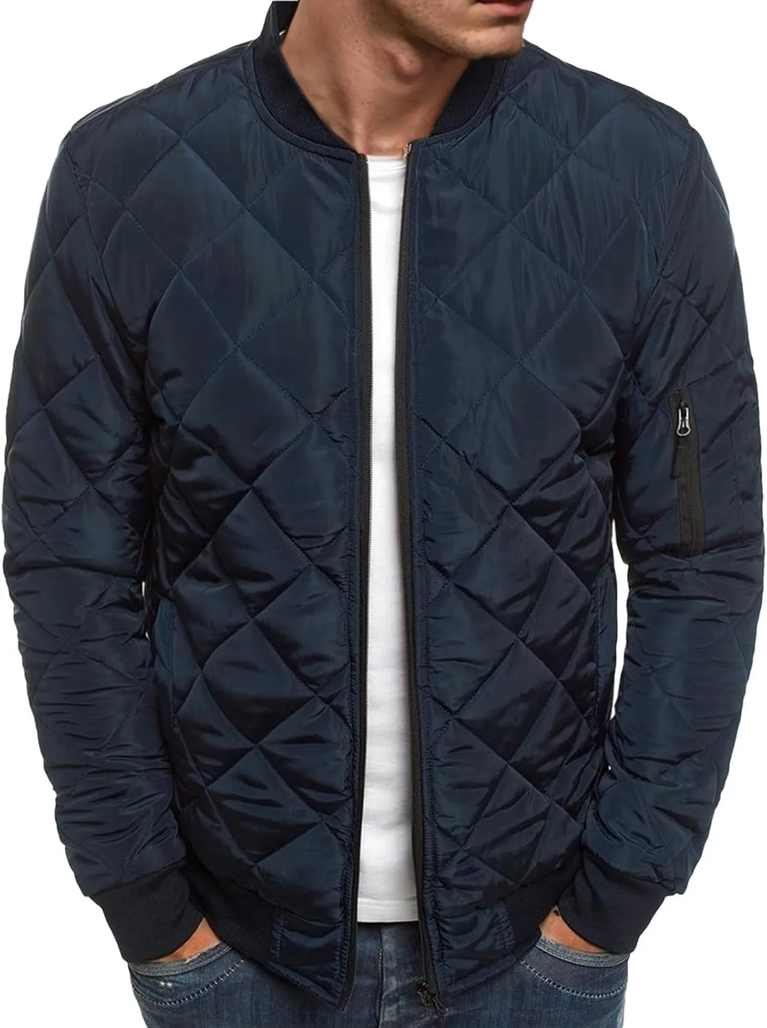 Mens Bomber Jackets Diamond Quilted Fall Winter Rib Varsity Lightweight Jacket Warm Padded Coats Outwear with Pockets