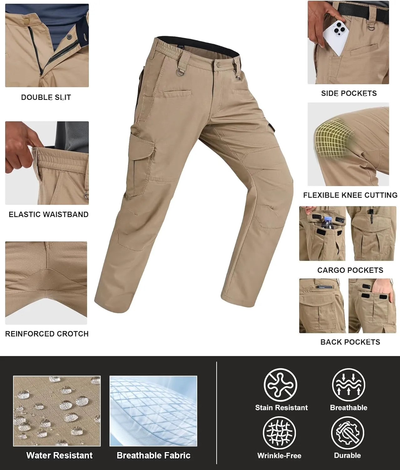 Men's Cargo Pants Ripstop Water Resistant Hiking Work Pants Outdoor Multi Pockets Army Tactical Pants (Not Belt)