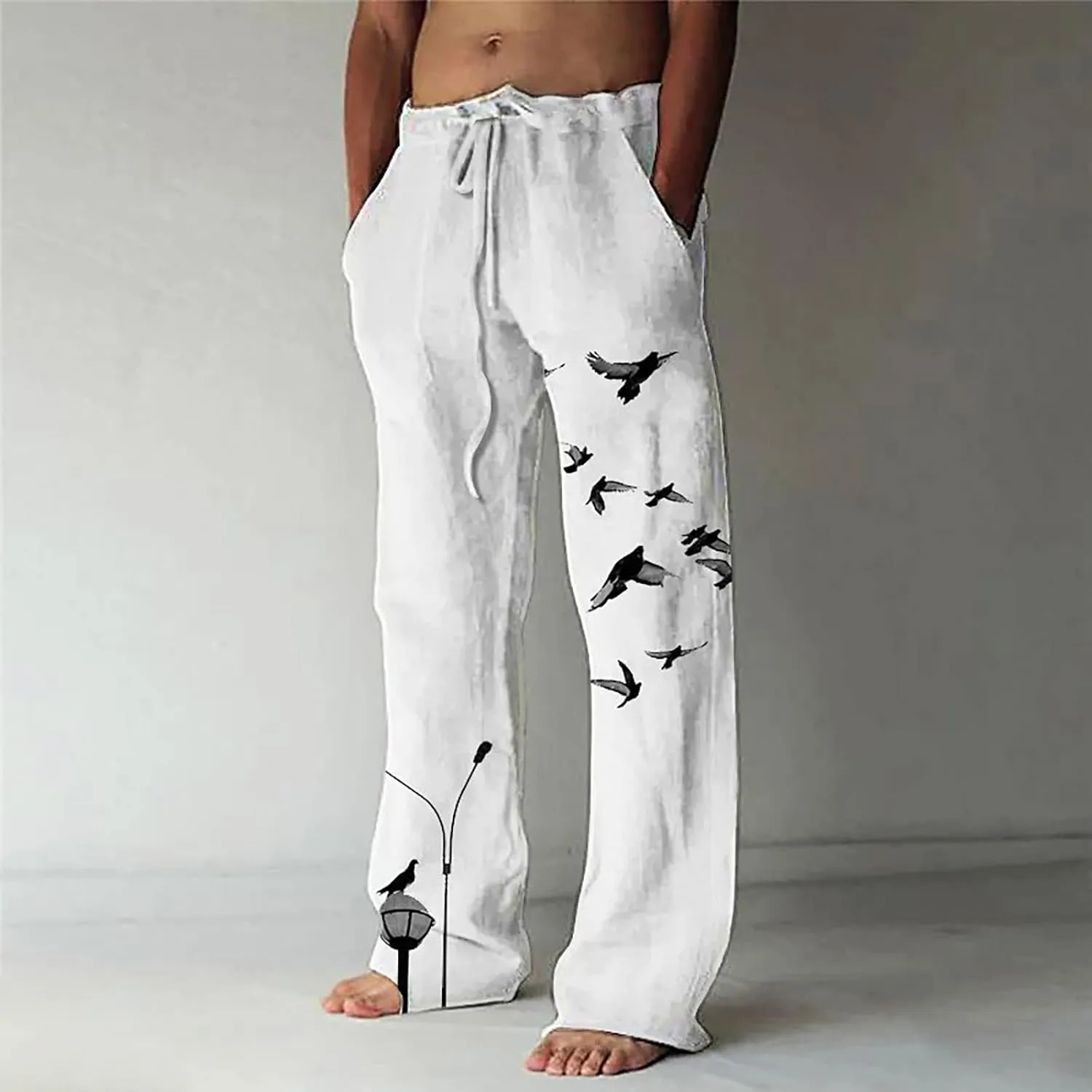 Mens Casual Cotton Linen Pants Fashion Hawaiian Print Trousers Workout Running Joggers Beach Pants Chino Pants
