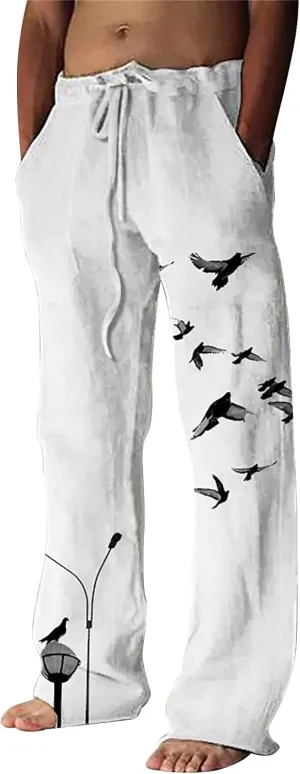 Mens Casual Cotton Linen Pants Fashion Hawaiian Print Trousers Workout Running Joggers Beach Pants Chino Pants