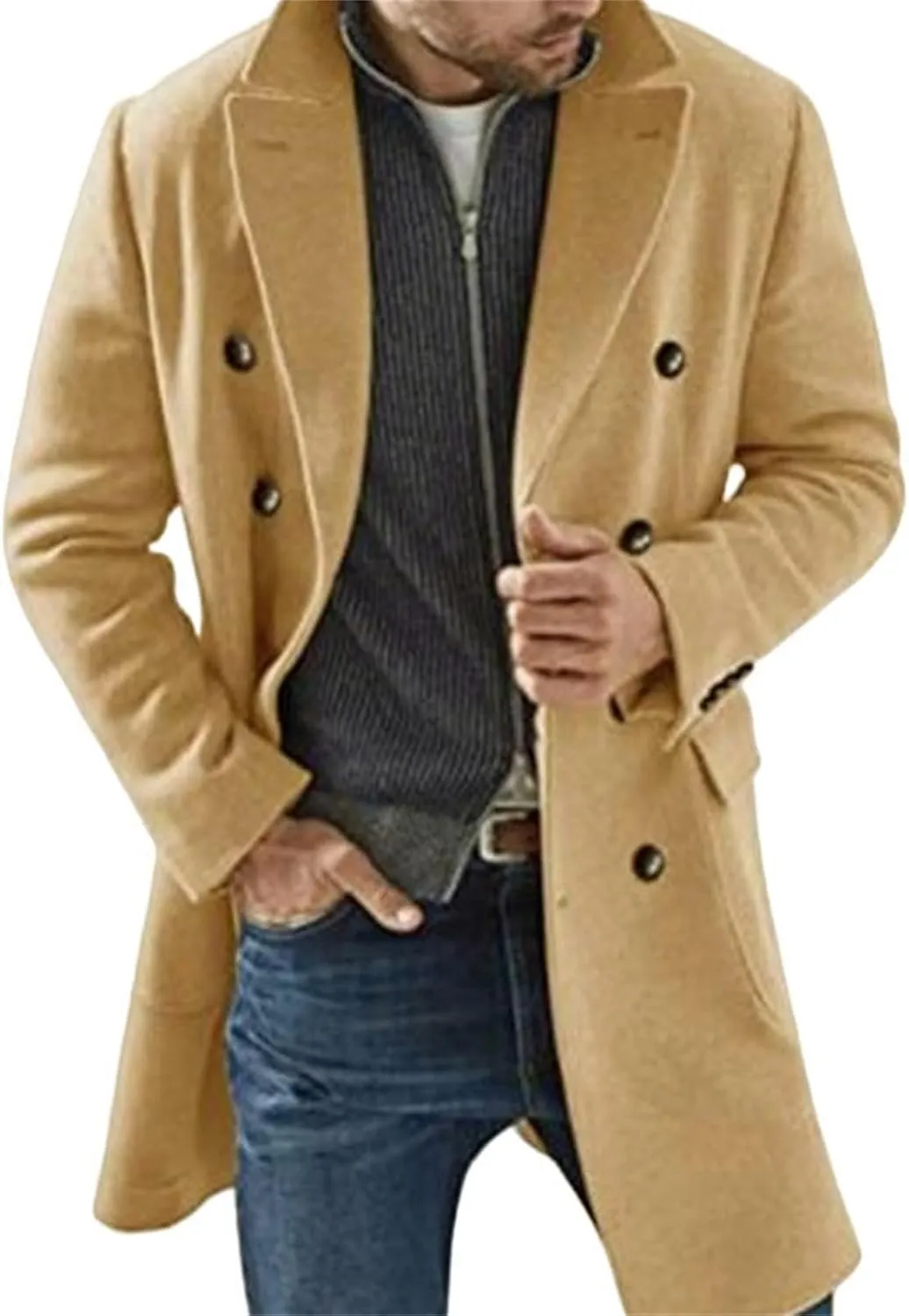 Men's Casual Solid Color Mid-Length Woolen Coat Fashion Thermal Wool Blend Thick Jackets Double Breasted Trench Coats