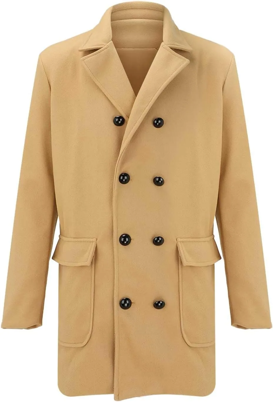 Men's Casual Solid Color Mid-Length Woolen Coat Fashion Thermal Wool Blend Thick Jackets Double Breasted Trench Coats