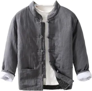 Men's Chinese Style Collarless Button-Up Thickened Cotton Padded Coat - Loose Casual Coat