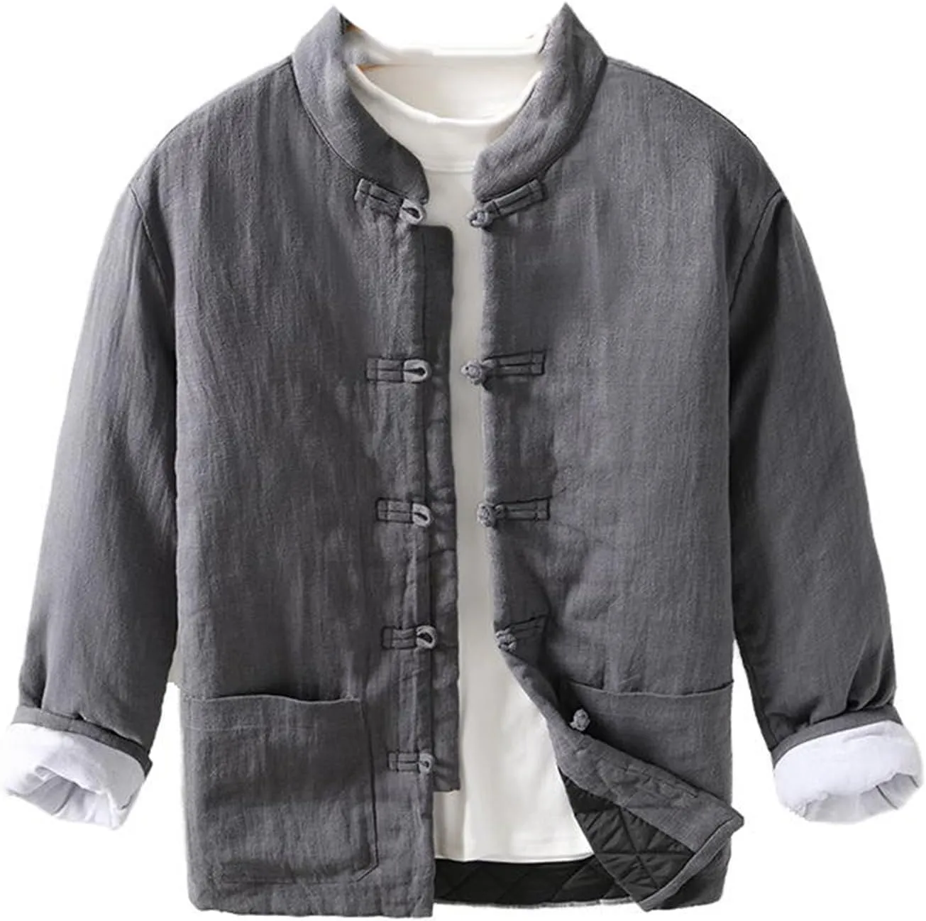 Men's Chinese Style Collarless Button-Up Thickened Cotton Padded Coat - Loose Casual Coat