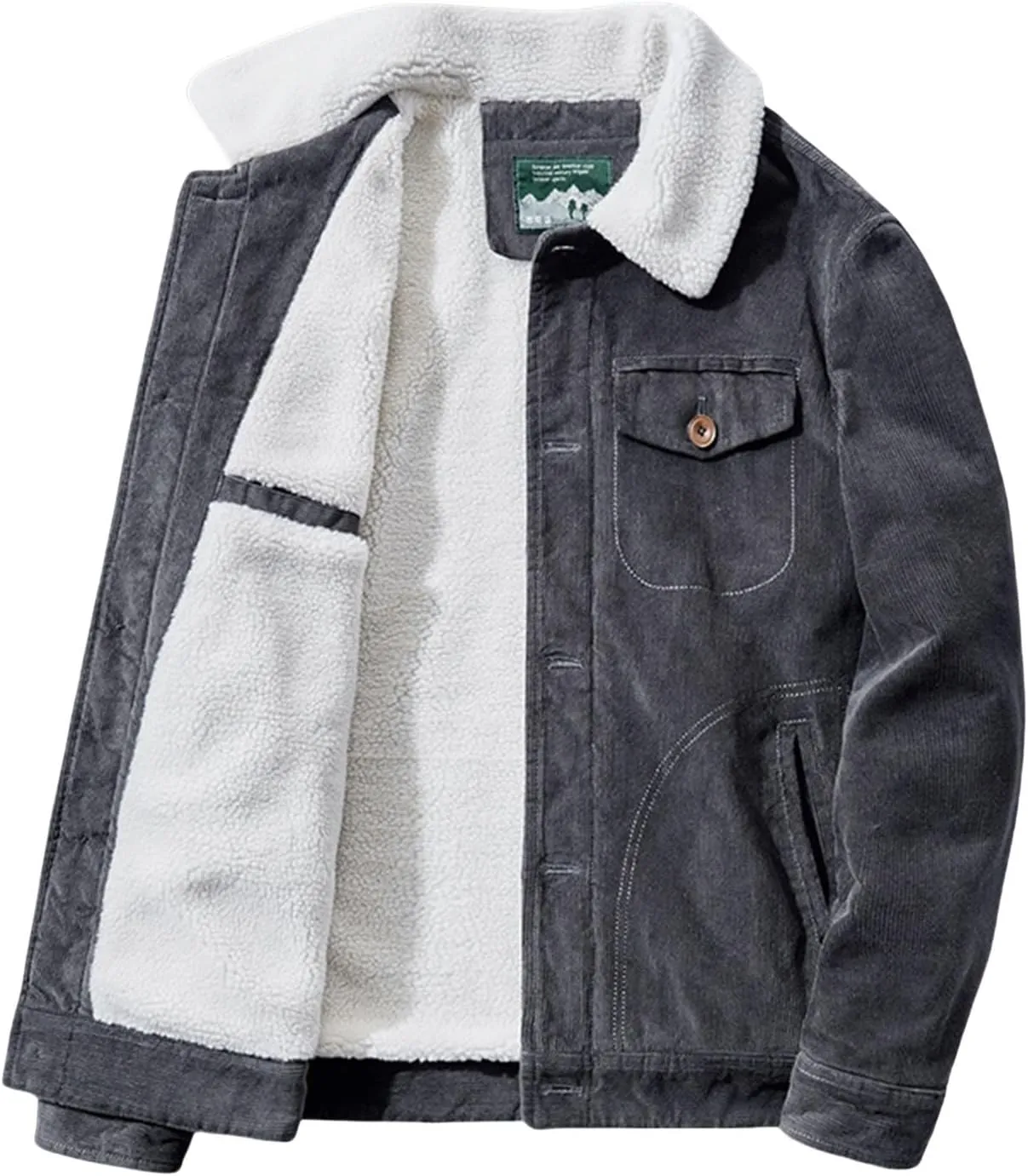 Mens Corduroy Jacket Sherpa Lined Trucker Cotton Lapel Collar Button Down Jackets Warm Winter Casual Work Padded Coat