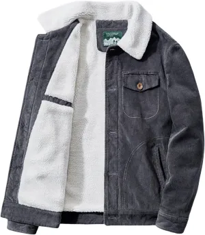 Mens Corduroy Jacket Sherpa Lined Trucker Cotton Lapel Collar Button Down Jackets Warm Winter Casual Work Padded Coat