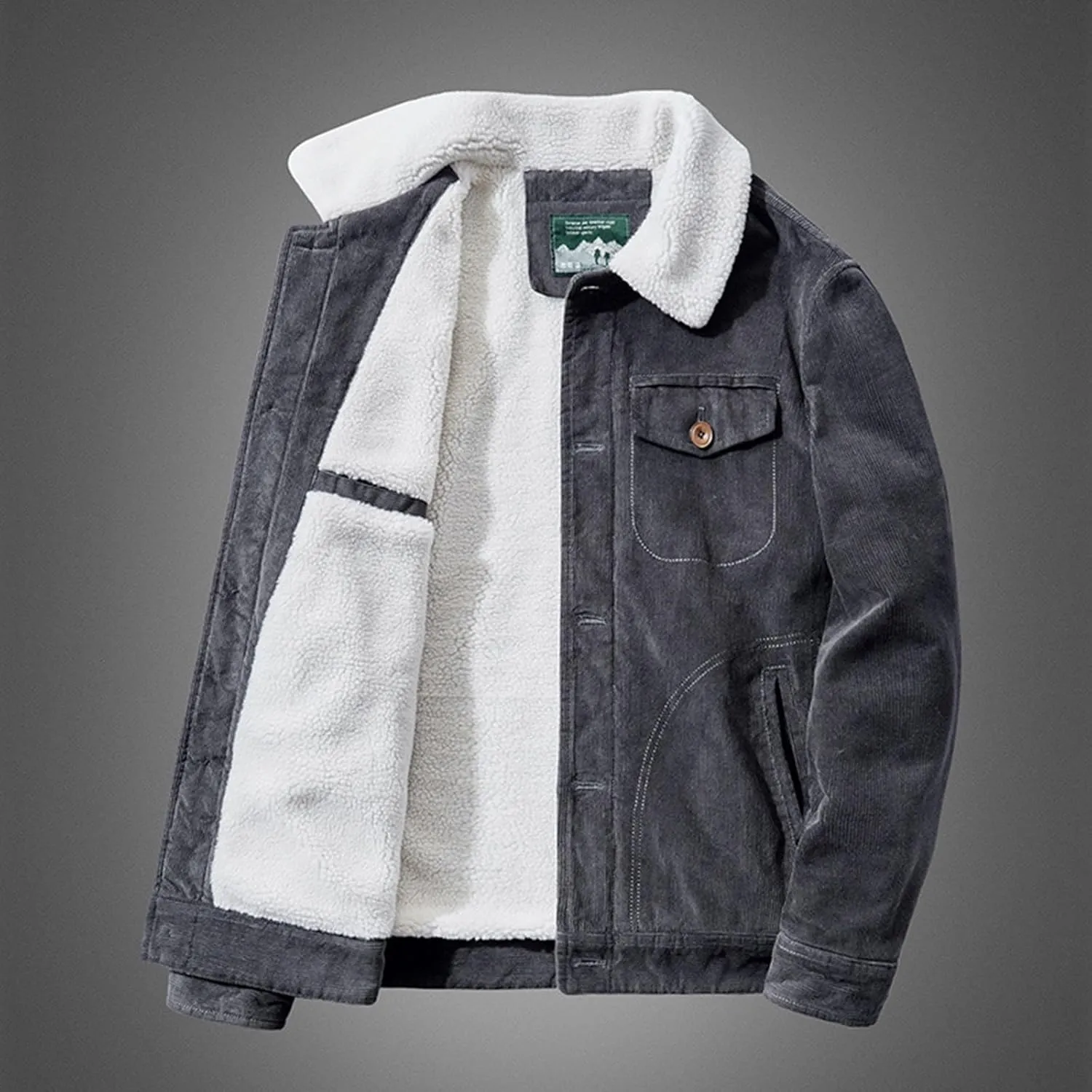 Mens Corduroy Jacket Sherpa Lined Trucker Cotton Lapel Collar Button Down Jackets Warm Winter Casual Work Padded Coat