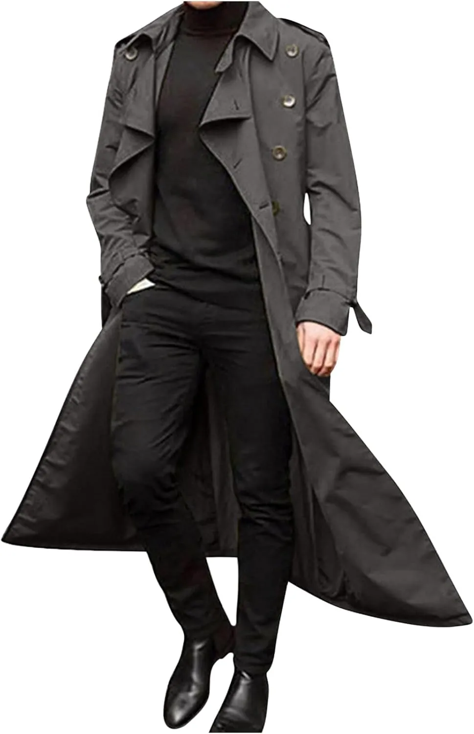 Men's Double Breasted Long Trench Coat Business Casual Oversized Windbreaker Notch Lapel Jacket Belted Windproof Overcoat