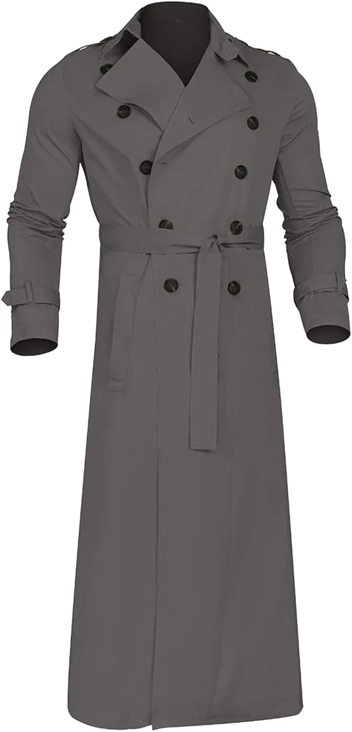 Men's Double Breasted Long Trench Coat Business Casual Oversized Windbreaker Notch Lapel Jacket Belted Windproof Overcoat