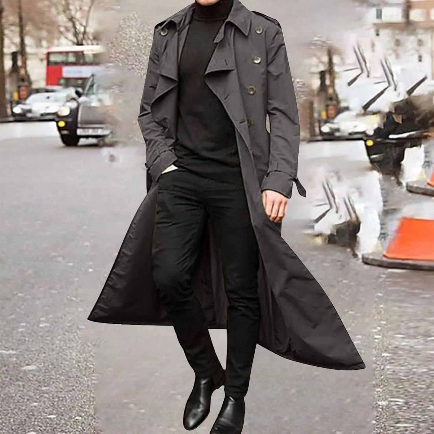 Men's Double Breasted Long Trench Coat Business Casual Oversized Windbreaker Notch Lapel Jacket Belted Windproof Overcoat