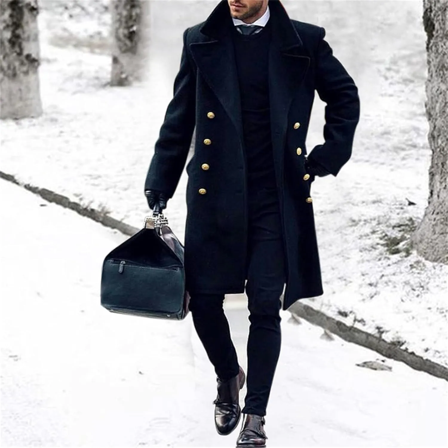 Mens Double Breasted Trench Coat Classic Business Casual Lapel Collar Business Winter Long Overcoats for Men