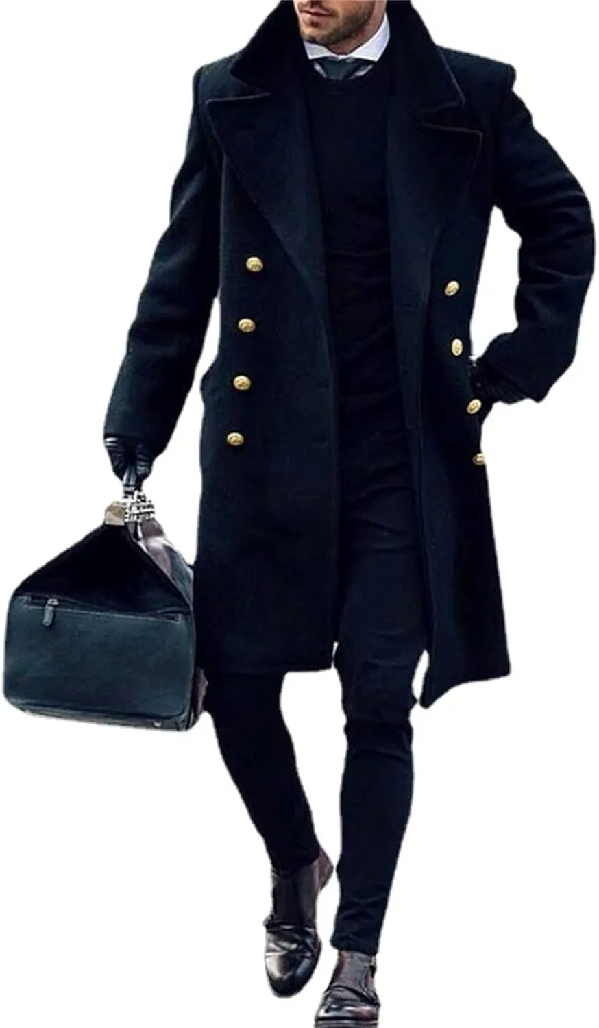Mens Double Breasted Trench Coat Classic Business Casual Lapel Collar Business Winter Long Overcoats for Men