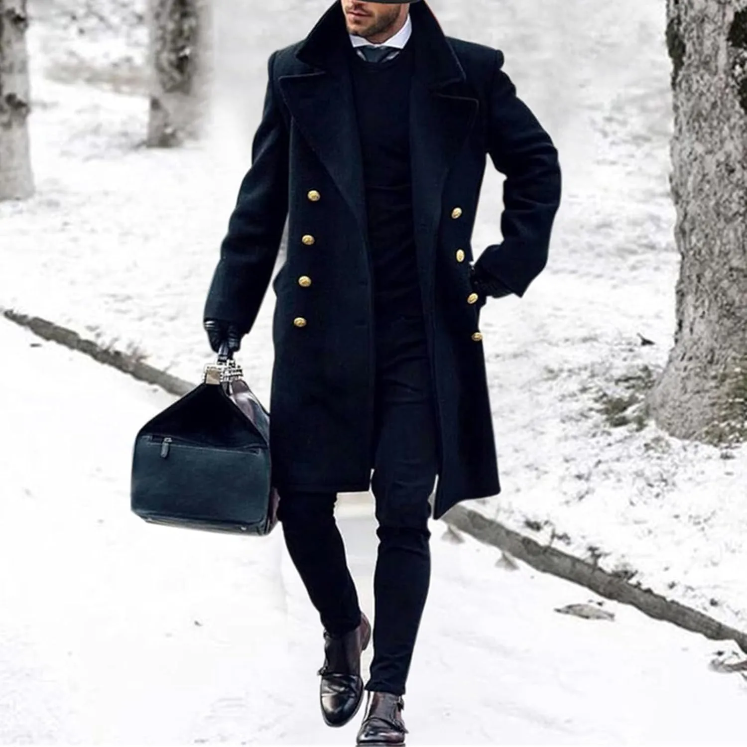 Mens Double Breasted Trench Coat Classic Business Casual Lapel Collar Business Winter Long Overcoats for Men