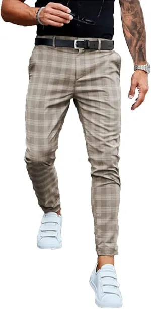 Men's Dress Pants Plaid Skinny Slim Fit Dress Pants Stretch Regular Fit Business Casual Fashion Golf Pencil Chinos Pants