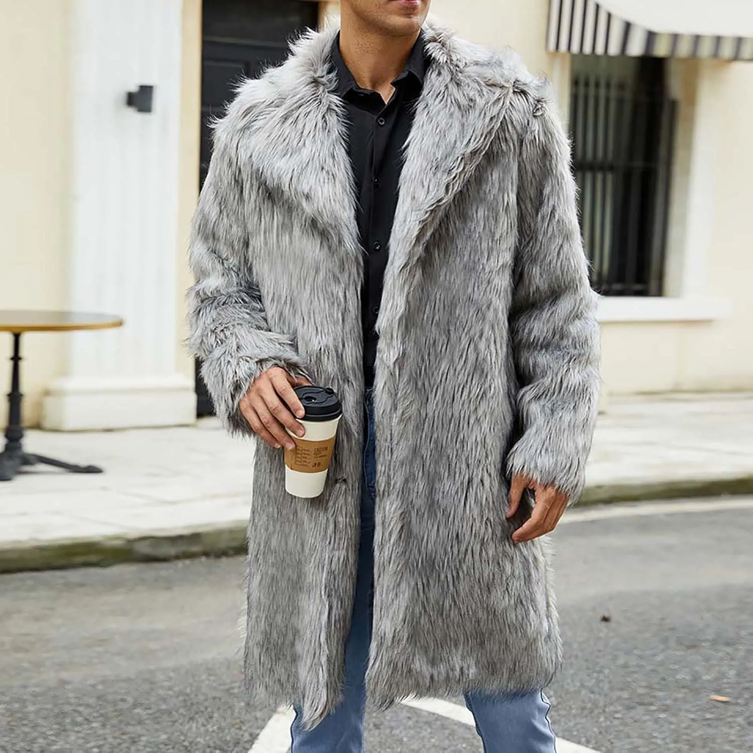 Men's Faux Fur Coat Long Open Front Cardigan Winter Fuzzy Fleece Jacket Warm Overcoat Turn Down Collar Coat