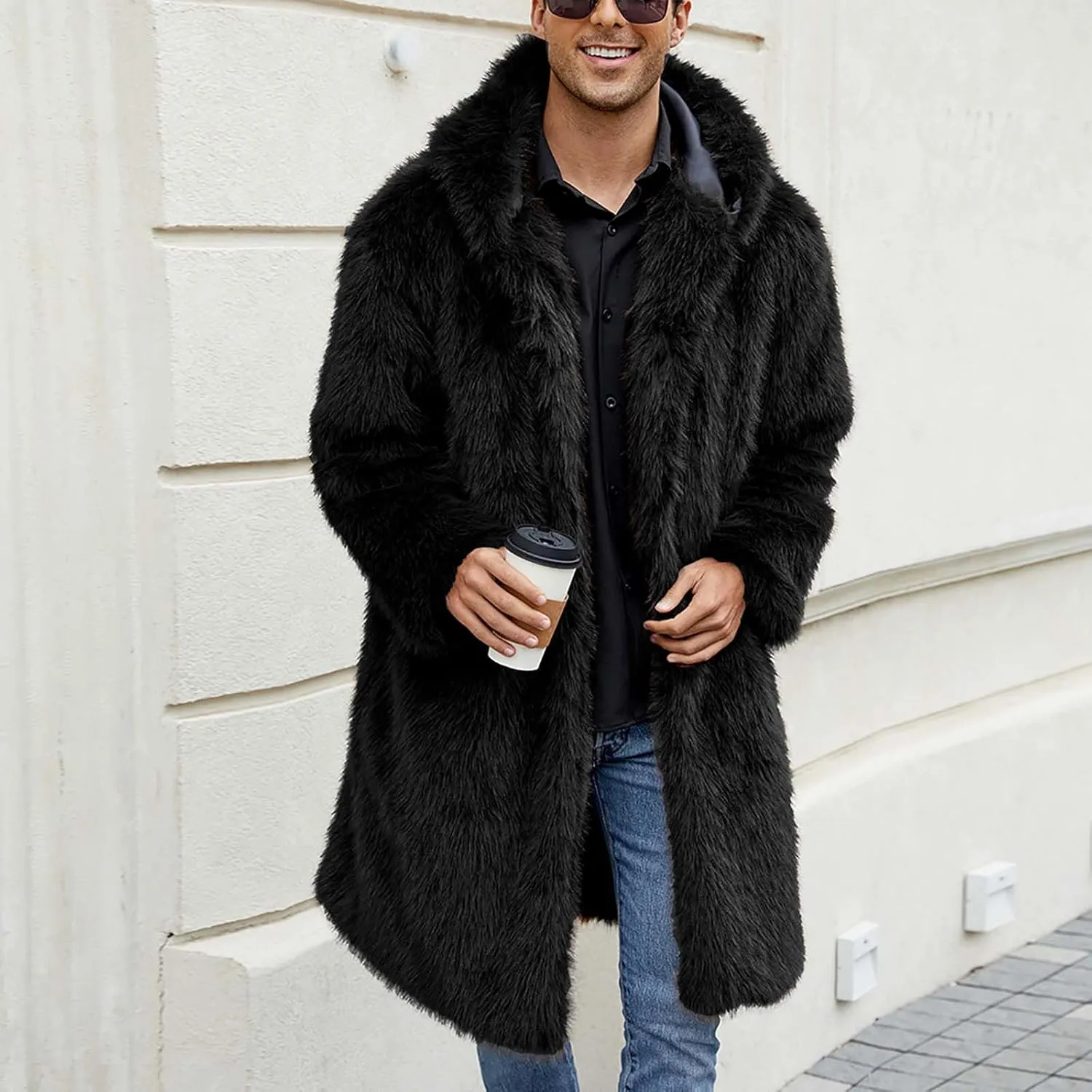 Men's Faux Fur Coat Long Open Front Cardigan Winter Fuzzy Fleece Jacket Warm Overcoat Turn Down Collar Coat