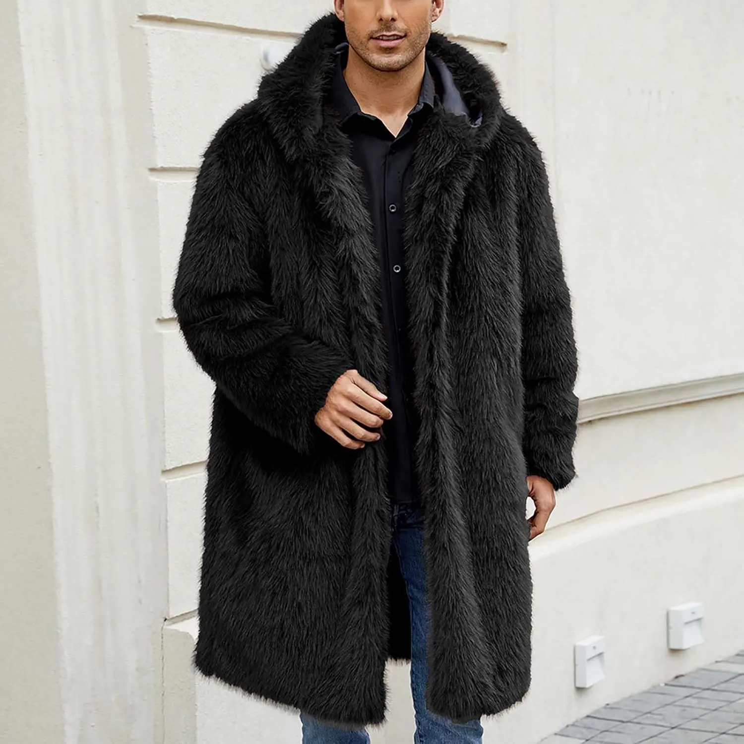 Men's Faux Fur Coat Long Open Front Cardigan Winter Fuzzy Fleece Jacket Warm Overcoat Turn Down Collar Coat