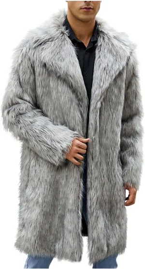 Men's Faux Fur Coat Long Open Front Cardigan Winter Fuzzy Fleece Jacket Warm Overcoat Turn Down Collar Coat