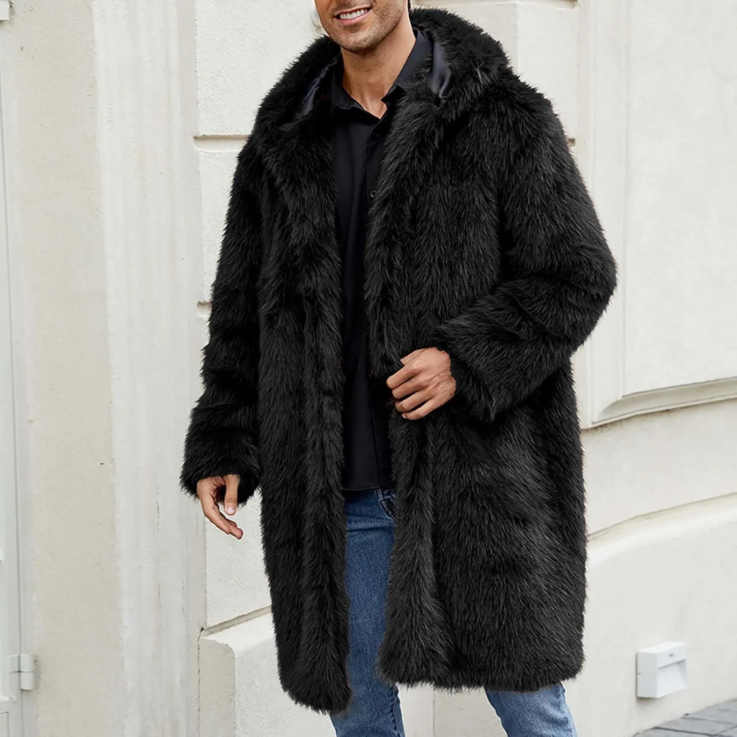 Men's Faux Fur Coat Long Open Front Cardigan Winter Fuzzy Fleece Jacket Warm Overcoat Turn Down Collar Coat