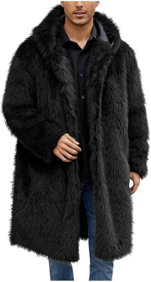 Men's Faux Fur Coat Long Open Front Cardigan Winter Fuzzy Fleece Jacket Warm Overcoat Turn Down Collar Coat