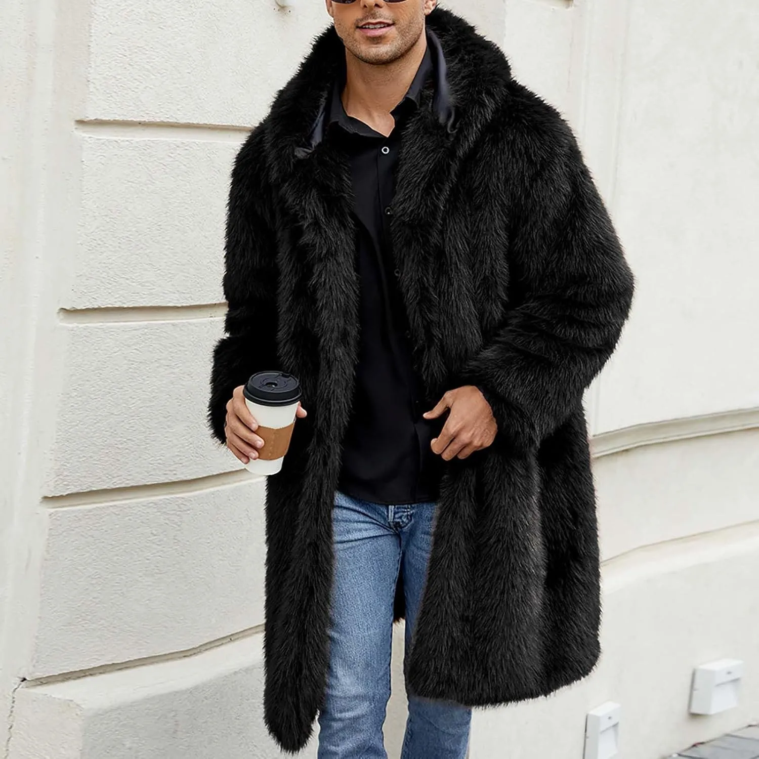 Men's Faux Fur Coat Long Open Front Cardigan Winter Fuzzy Fleece Jacket Warm Overcoat Turn Down Collar Coat