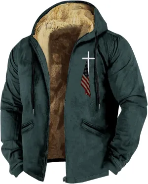 Mens Fleece Jacket 3D Printed Flag Hooded Brown Zipper Personalized Casual Cotton Jacket Men Shorts China Jacket Men
