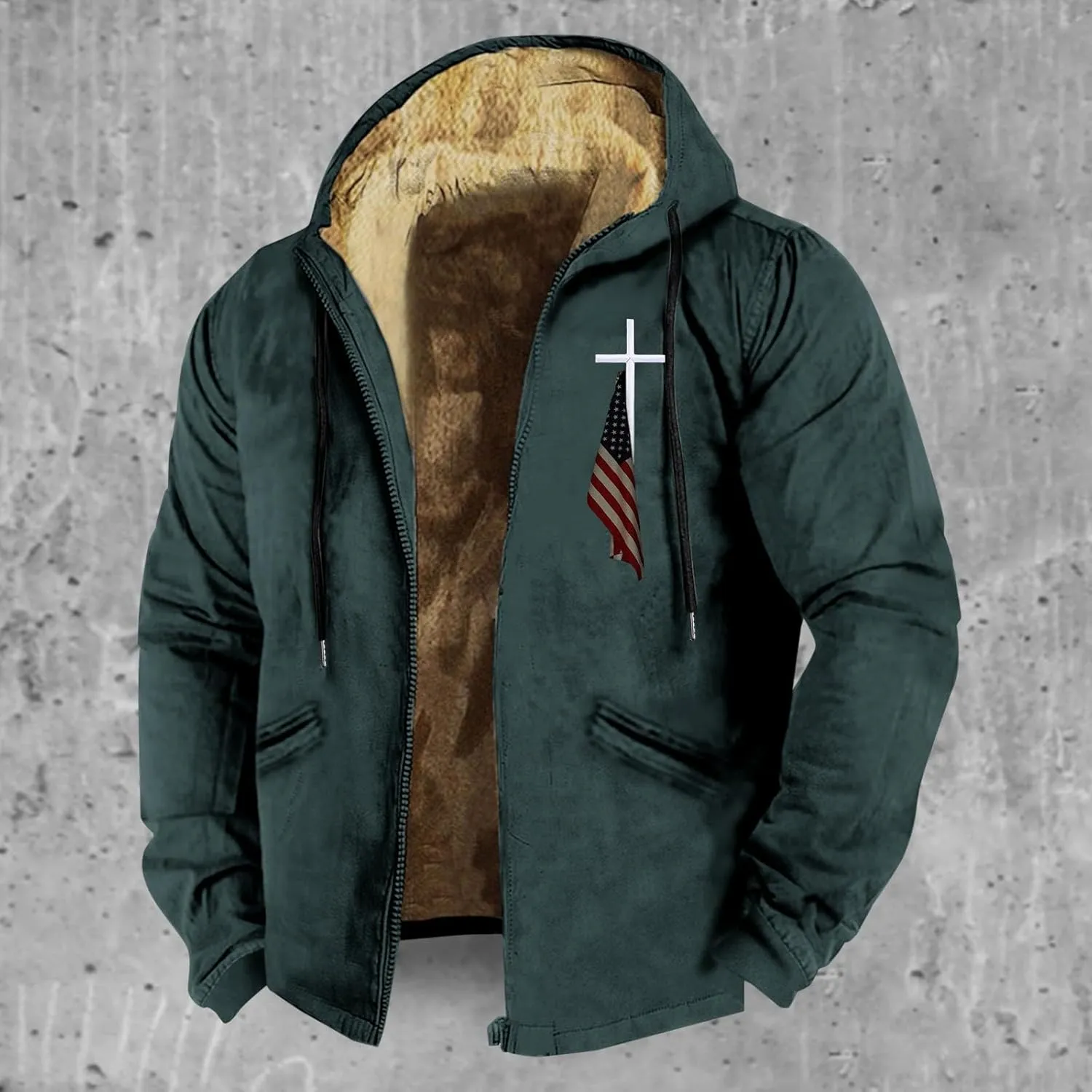 Mens Fleece Jacket 3D Printed Flag Hooded Brown Zipper Personalized Casual Cotton Jacket Men Shorts China Jacket Men