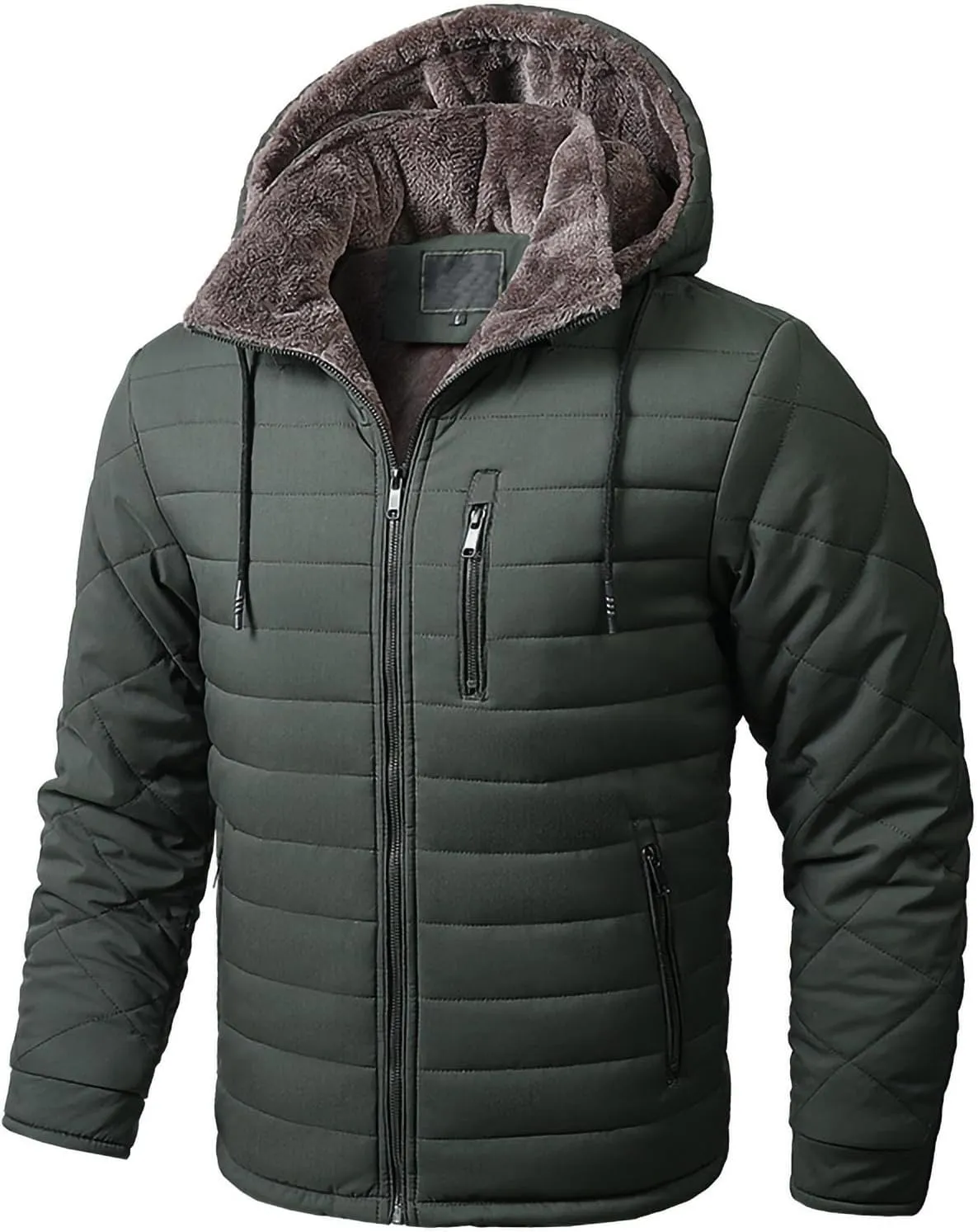 Men's Fleece Lined Hooded Puffer Jacket Packable Winter Down Coat Cotton Padded Warm Jackets with Zipper Pockets