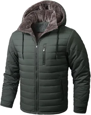 Men's Fleece Lined Hooded Puffer Jacket Packable Winter Down Coat Cotton Padded Warm Jackets with Zipper Pockets