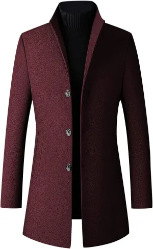 Men's French Woolen Coat Business Down Jacket Trench Topcoat Long Wool Blend Overcoat Slim Fit Stand Collar Coats