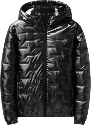 Mens Glossy Quilted Puffer Jacket Hooded Winter Warm Fleece Lined Shiny Reflective Down Coats Thicken Padded Outerwear