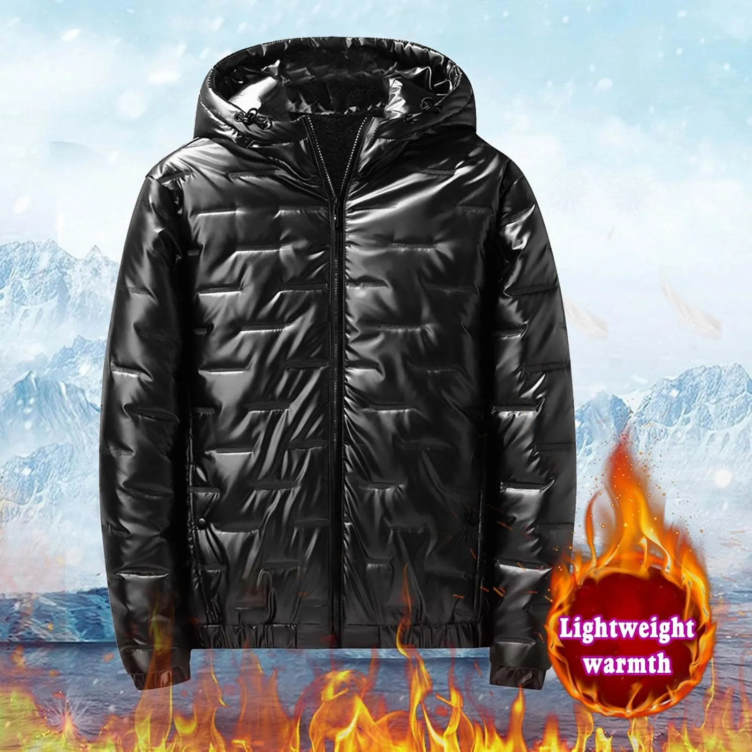 Mens Glossy Quilted Puffer Jacket Hooded Winter Warm Fleece Lined Shiny Reflective Down Coats Thicken Padded Outerwear