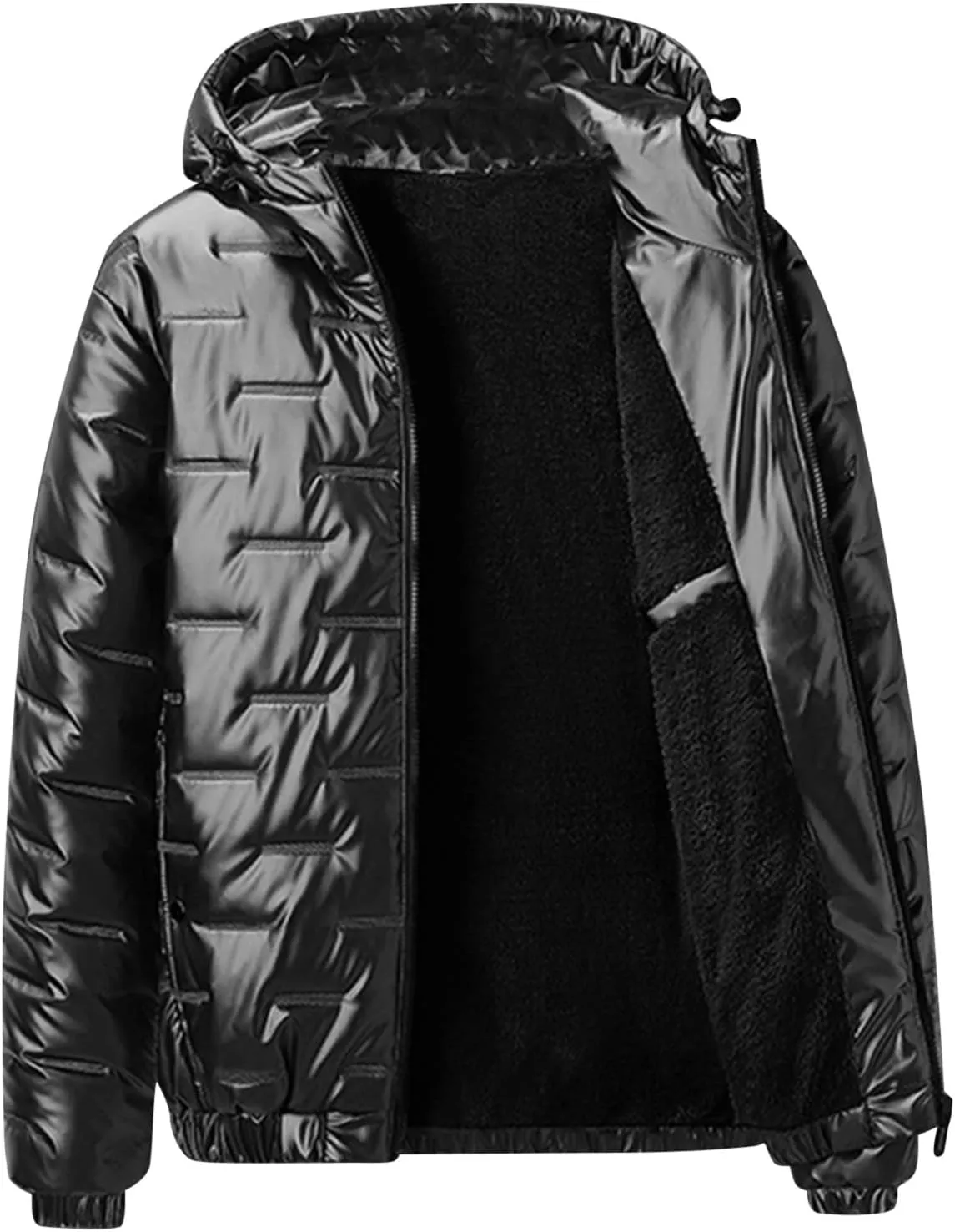 Mens Glossy Quilted Puffer Jacket Hooded Winter Warm Fleece Lined Shiny Reflective Down Coats Thicken Padded Outerwear