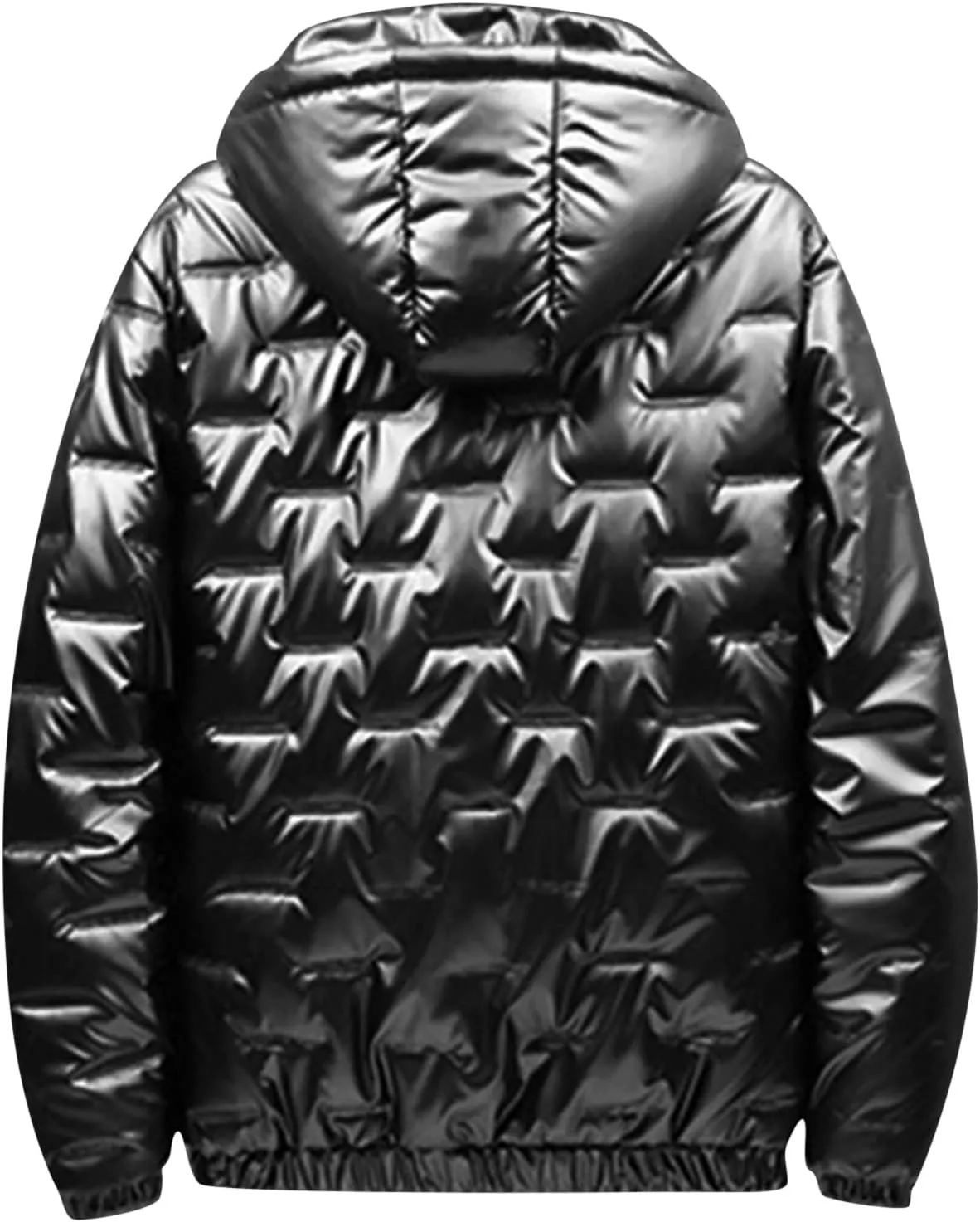 Mens Glossy Quilted Puffer Jacket Hooded Winter Warm Fleece Lined Shiny Reflective Down Coats Thicken Padded Outerwear