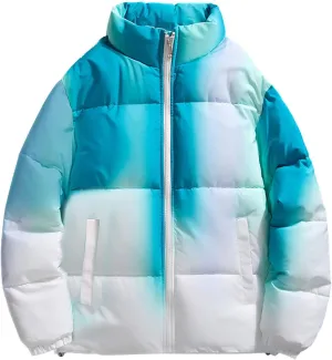 Men's Gradient Puffer Jacket Winter Warm Down Coats Stand Collar Cotton Padded Waterproof Outerwear with Pockets