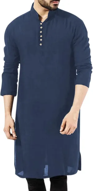 Men's Henley Shirts Loose Fit Long Sleeve Muslim Thobe Button Up Kaftan Thobe Side Split Kaftan Thobe with Pockets