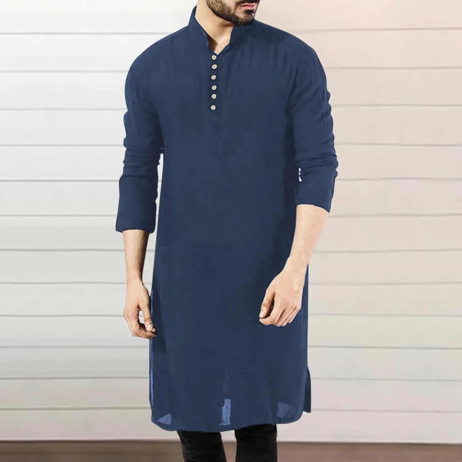 Men's Henley Shirts Loose Fit Long Sleeve Muslim Thobe Button Up Kaftan Thobe Side Split Kaftan Thobe with Pockets