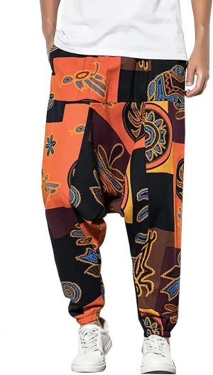 Men's Hippie Harem Pants Baggy Cotton Linen Summer Boho Yoga Pants Elastic Waist Drawstring Drop Crotch Trousers with Pocket