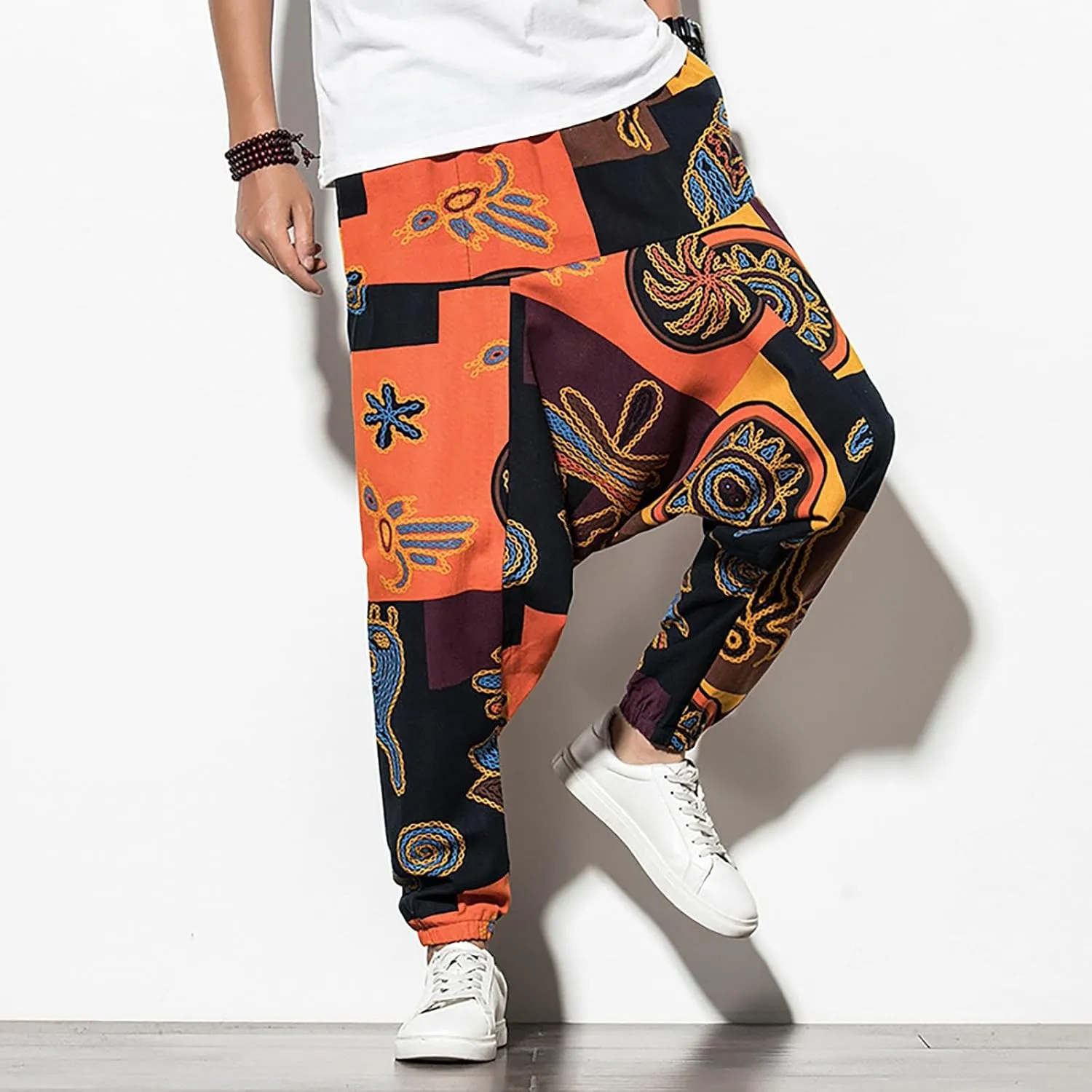 Men's Hippie Harem Pants Baggy Cotton Linen Summer Boho Yoga Pants Elastic Waist Drawstring Drop Crotch Trousers with Pocket