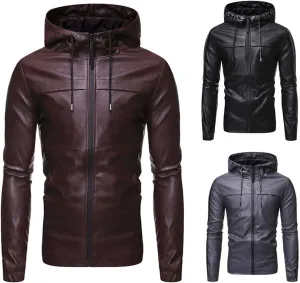 Men's Hooded Military Jackets Faux Leather Lined Aviator Bomber Jacket Hoodie Leather Coat Zipper Windbreaker