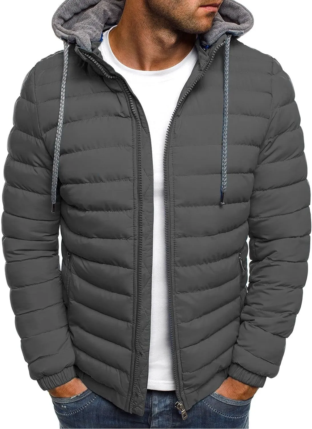 Men's Hooded Puffer Jacket Waterproof Packable Down Coats Winter Warm Cotton Padded Outerwear with Pockets