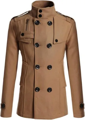 Men's Jacket Stand Collar Windproof Pea Coat Double Breasted Long Pea Coat Fall Winter Trench Coat for Men
