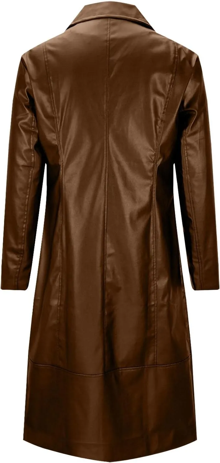 Men's Leather Trench Coat Full Length Single Breasted Windbreaker Jacket Long Overcoat