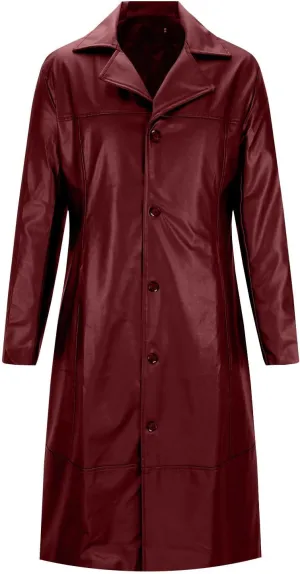 Men's Leather Trench Coat Full Length Single Breasted Windbreaker Jacket Long Overcoat